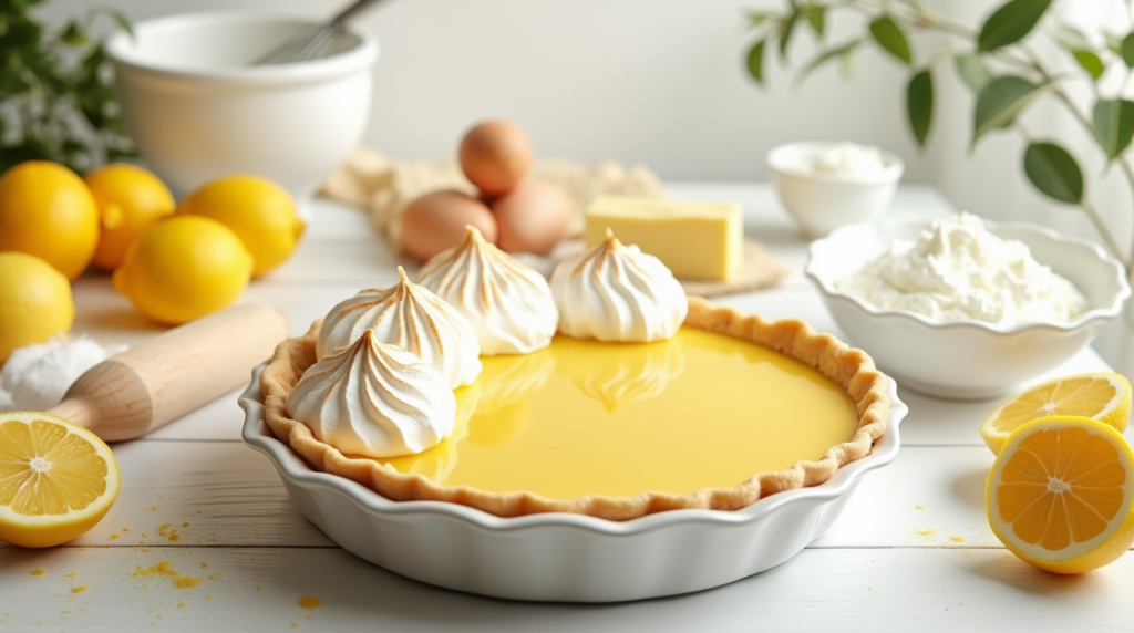 a bright fresh kitchen scene with a classic lemon meringue pie placed on a white ceramic plate the 7998u4zjc7wqvsd6p2q3 0