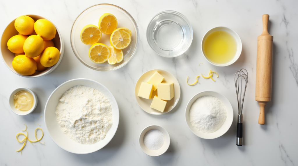 a clean bright kitchen counter with all the ingredients for a classic lemon meringue pie arranged n kbcaajtx4pasn1j414m2 3