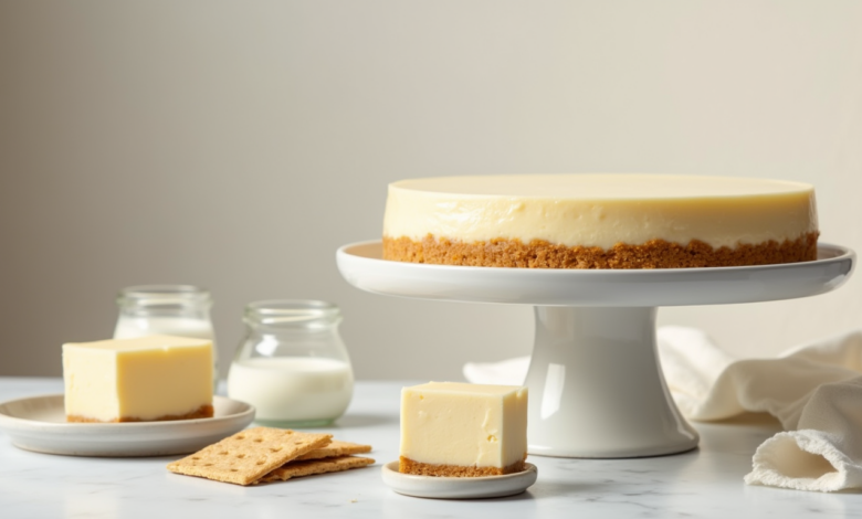 a minimalist elegant kitchen scene featuring a smooth creamy cheesecake on a white cake stand with 3d7nmrqvpszmhng6iwcp 2