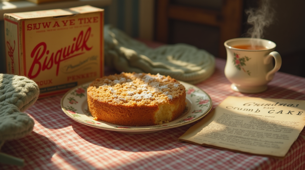 a warm inviting kitchen scene with a golden crumb cake on a vintage floral plate clearly made with lha5l9t4uu2qccrk0ve3 3
