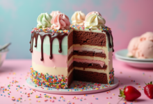 a fun and colorful dessert scene featuring a layered baskin robbinsstyle ice cream cake the cake ha sx8jzzrwt5pecq26rzya 0