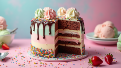 a fun and colorful dessert scene featuring a layered baskin robbinsstyle ice cream cake the cake ha sx8jzzrwt5pecq26rzya 0