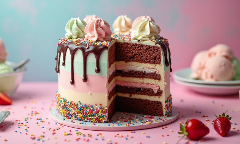 a fun and colorful dessert scene featuring a layered baskin robbinsstyle ice cream cake the cake ha sx8jzzrwt5pecq26rzya 0