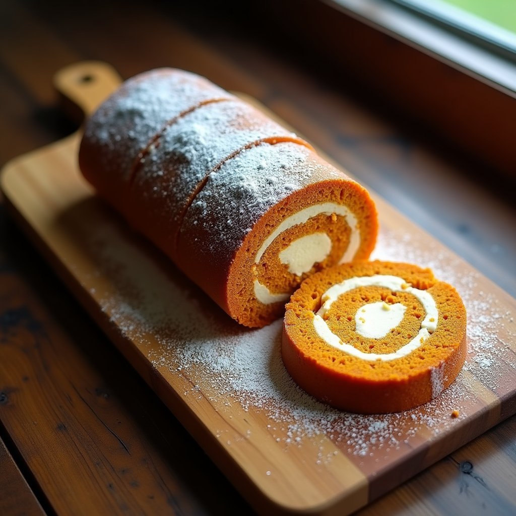 Sliced pumpkin roll dusted with powdered sugar showing the spiral of spiced pumpkin sponge and cream cheese filling