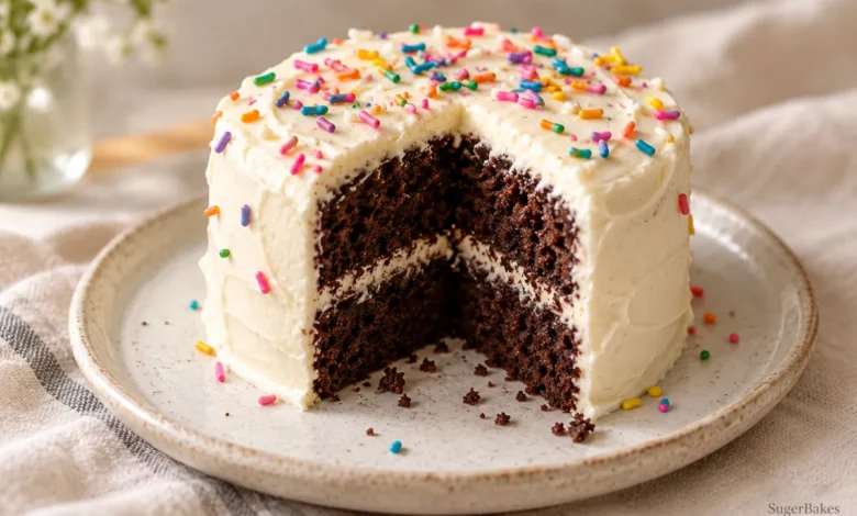 A small egg-free chocolate cake, baked in a 4-inch pan and decorated after cooling.