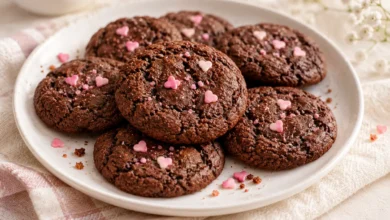 Dark cocoa cookies can be decorated with heart sprinkles or candy hearts.