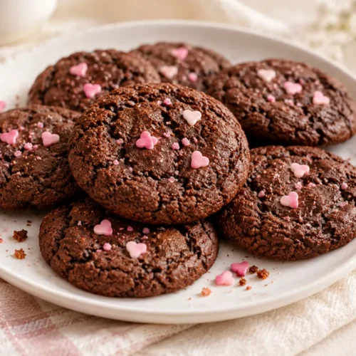 Dark cocoa cookies can be decorated with heart sprinkles or candy hearts.