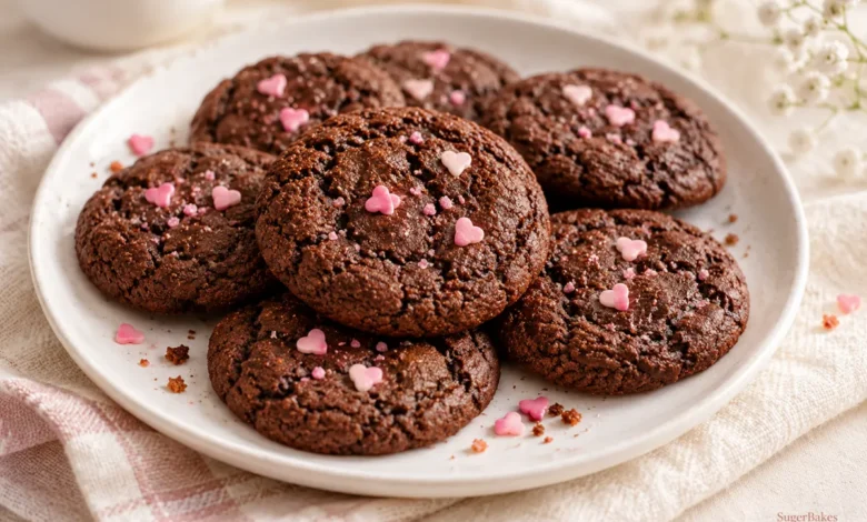 Dark cocoa cookies can be decorated with heart sprinkles or candy hearts.