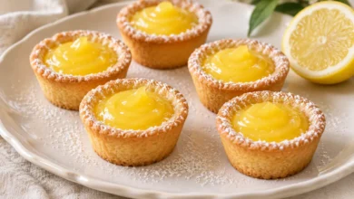 Miniature cookie shells are filled with cooked lemon curd and briefly returned to the oven.