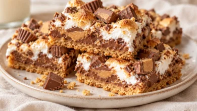 Graham-cracker cookie dough sandwiches peanut butter cups, chocolate chips and marshmallow creme.