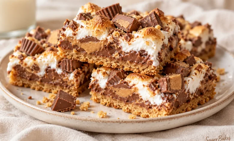 Graham-cracker cookie dough sandwiches peanut butter cups, chocolate chips and marshmallow creme.