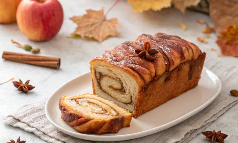 Twisted chai-spiced apple babka loaf with visible apple and spice swirls