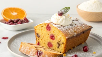 Sliced cranberry orange loaf cake with orange glaze, fresh cranberries and orange slices