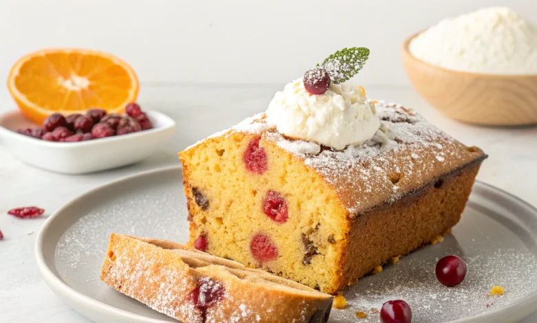 Sliced cranberry orange loaf cake with orange glaze, fresh cranberries and orange slices