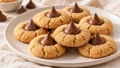 Peanut butter cookies are finished with a chocolate kiss while they are still warm.