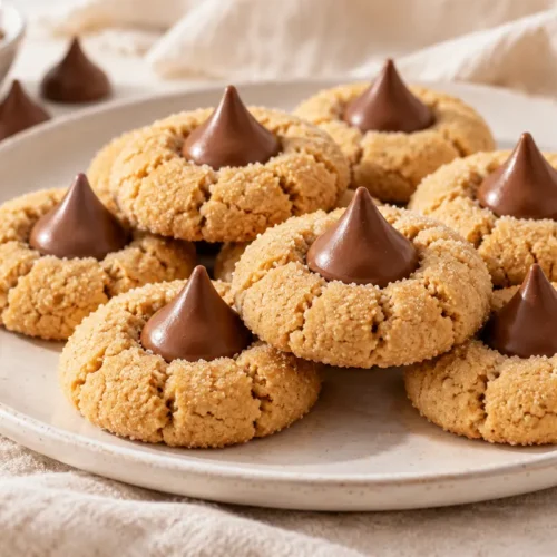 Peanut butter cookies are finished with a chocolate kiss while they are still warm.