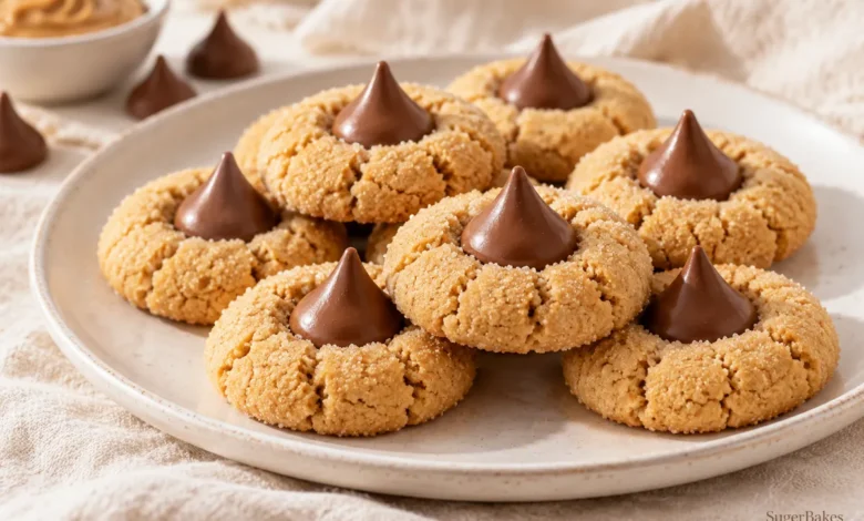 Peanut butter cookies are finished with a chocolate kiss while they are still warm.
