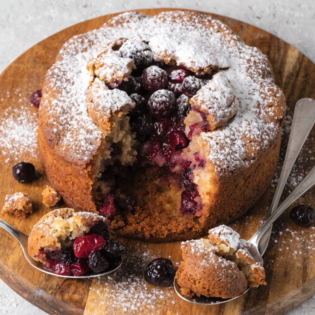 Golden-brown dump cakes with fruit filling, sprinkled with crumble topping, fresh from the oven in a baking dish