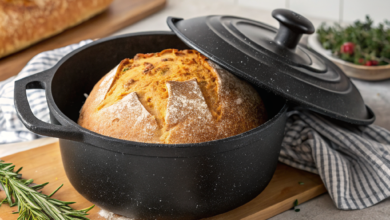 Golden brown homemade artisan bread cooling next to a ceramic Dutch oven, showcasing a crusty, floured exterior.