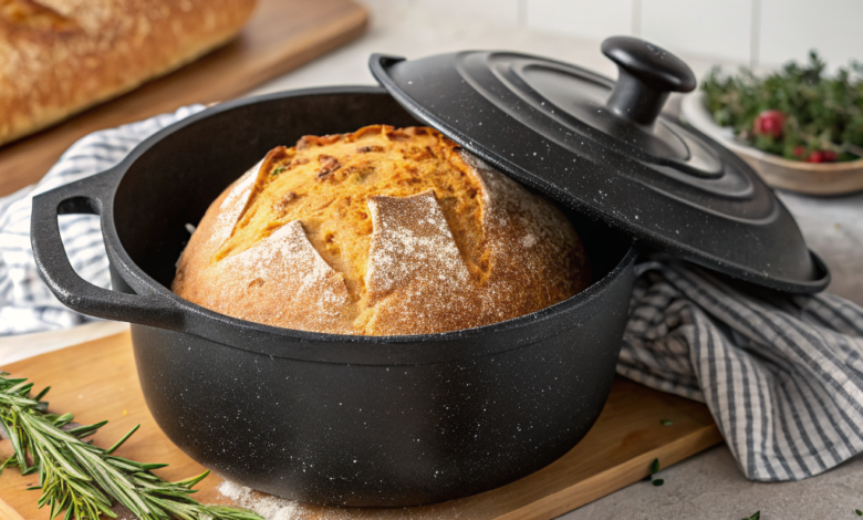 Golden brown homemade artisan bread cooling next to a ceramic Dutch oven, showcasing a crusty, floured exterior.