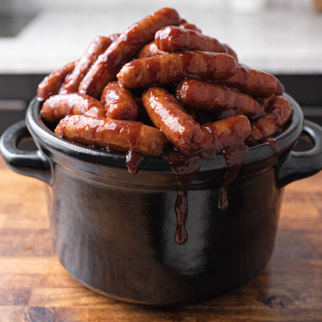 Easy 3-ingredient crockpot little smokies simmering in a sweet and savory barbecue sauce for a party appetizer.