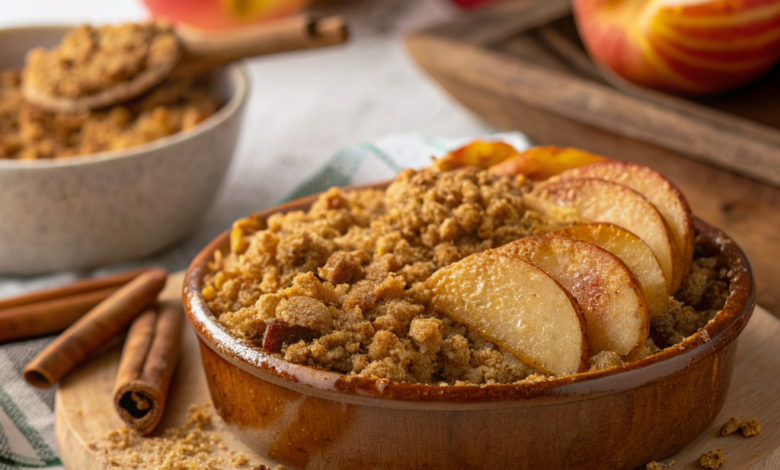 Warm apple crisp with cinnamon-spiced apples and a crunchy golden oat topping in a ceramic baking dish.