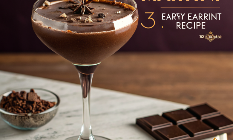 Creamy chocolate martini in a chilled glass with a cocoa powder rim, a decadent 3-ingredient dessert cocktail.