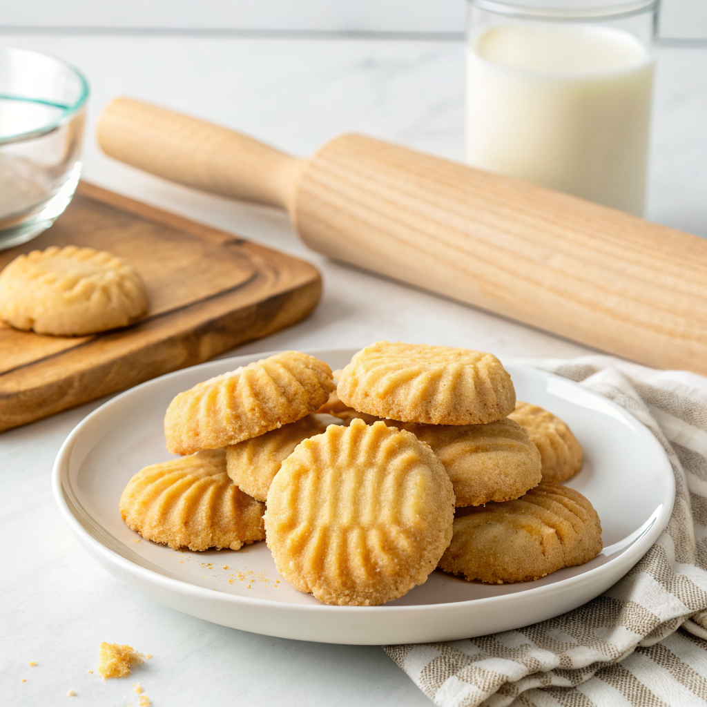 Golden brown, bakery style butter cookies arranged on a cooling rack, showcasing a classic homemade butter cookie recipe.