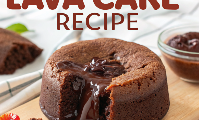 A decadent chocolate lava cake on a plate, featuring a gooey molten center with fresh berries and powdered sugar.