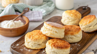 Golden brown, flaky gluten free buttermilk biscuits stacked on a cooling rack with butter.