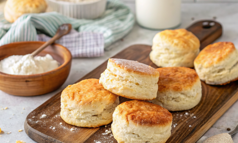 Golden brown, flaky gluten free buttermilk biscuits stacked on a cooling rack with butter.