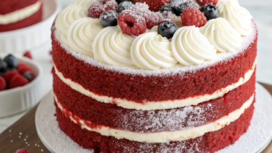 A sliced, moist red velvet layer cake with thick cream cheese frosting on a white plate.