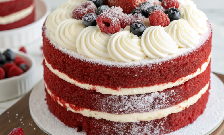 A sliced, moist red velvet layer cake with thick cream cheese frosting on a white plate.