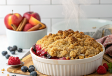 Golden brown fruit crumble with a crunchy oat topping served in a white ceramic dish, ready to eat.