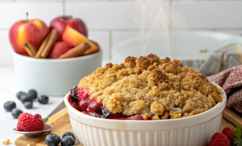 Golden brown fruit crumble with a crunchy oat topping served in a white ceramic dish, ready to eat.