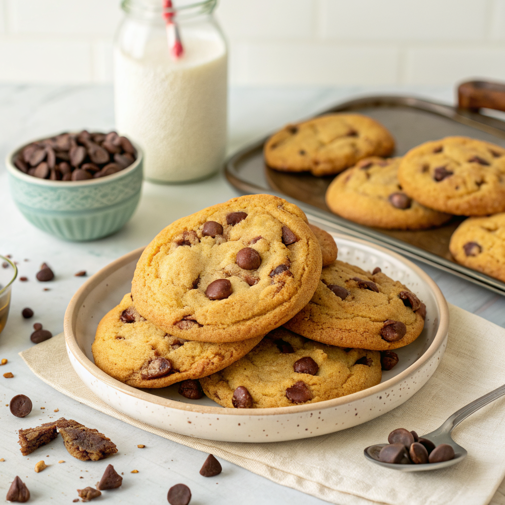 A stack of classic Nestle Toll House chocolate chip cookies next to a bag of semi-sweet chocolate morsels.
