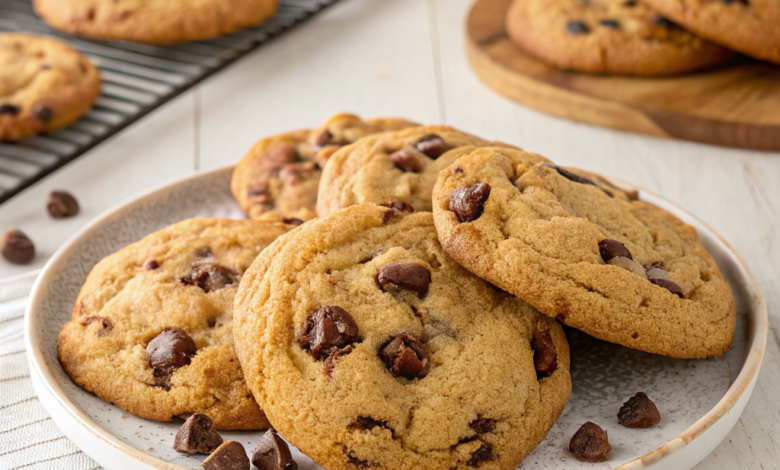 A stack of classic Nestle Toll House chocolate chip cookies on a cooling rack next to semi-sweet chocolate morsels.