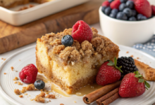 A bowl of golden, buttery streusel topping with a crumbly texture, perfect for muffins and coffee cakes.