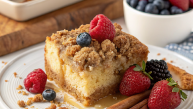 A bowl of golden, buttery streusel topping with a crumbly texture, perfect for muffins and coffee cakes.