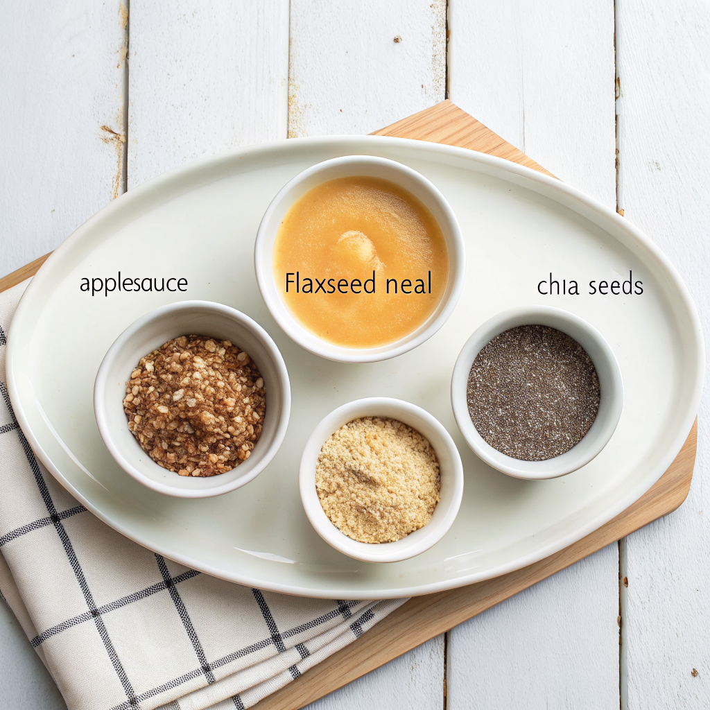 Various vegan egg substitutes like flax, applesauce, and silken tofu in bowls.