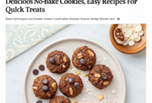Plate of chocolate oatmeal no-bake cookies with glossy chocolate drizzle