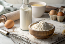 Silver spoon holding baking powder on a white powder mound, an ingredient used to make cakes and muffins rise
