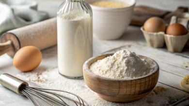 Silver spoon holding baking powder on a white powder mound, an ingredient used to make cakes and muffins rise