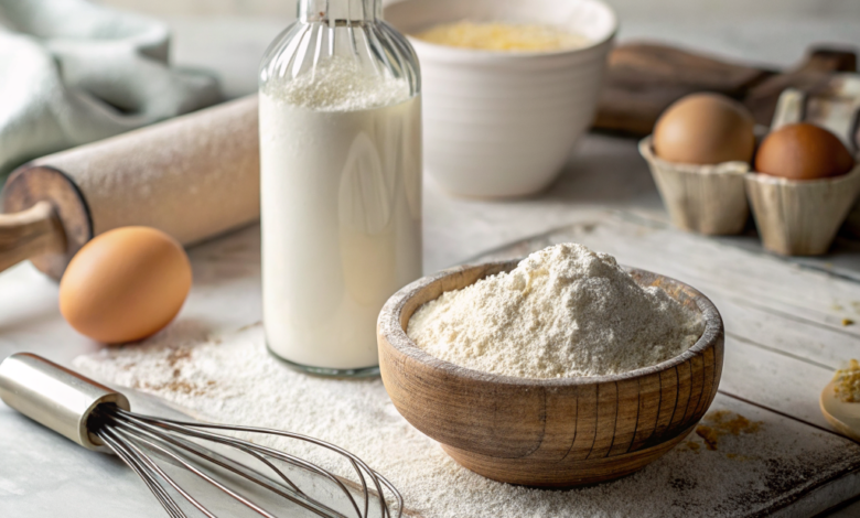 Silver spoon holding baking powder on a white powder mound, an ingredient used to make cakes and muffins rise