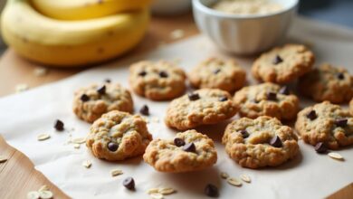 Soft banana oatmeal cookies with chocolate chips arranged on parchment beside ripe bananas and oats