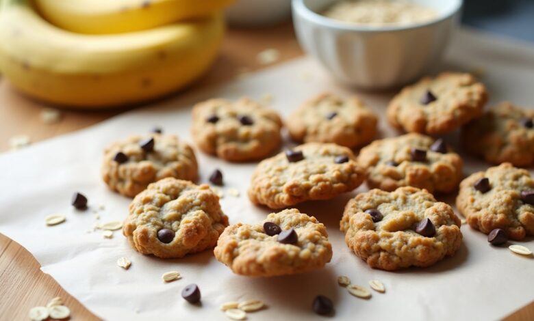 Soft banana oatmeal cookies with chocolate chips arranged on parchment beside ripe bananas and oats