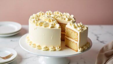 Small six-inch vanilla layer cake frosted with buttercream and a slice showing the cake crumb
