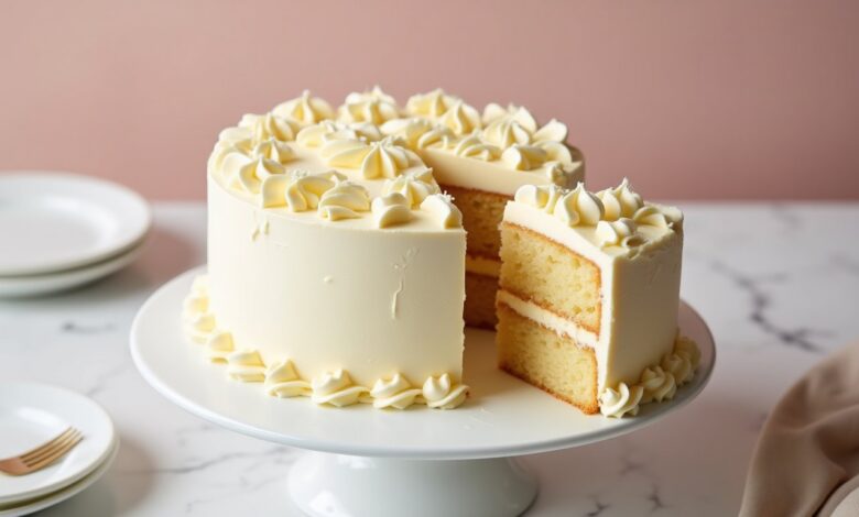 Small six-inch vanilla layer cake frosted with buttercream and a slice showing the cake crumb