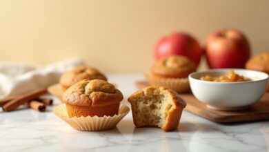 Soft golden applesauce muffins with cinnamon and a tender crumb on a rustic plate