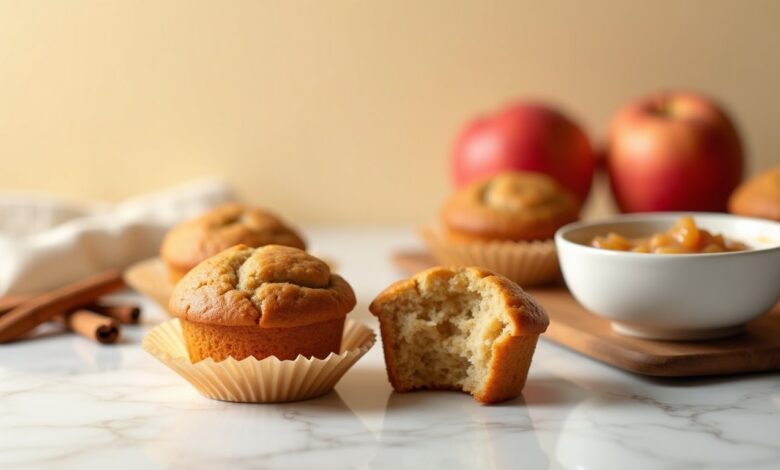 Soft golden applesauce muffins with cinnamon and a tender crumb on a rustic plate